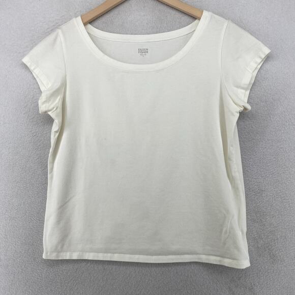 EILEEN FISHER Top L Stretch Organic Cotton Scoop Neck Cap Sleeve Off White USA - Picture 1 of 10